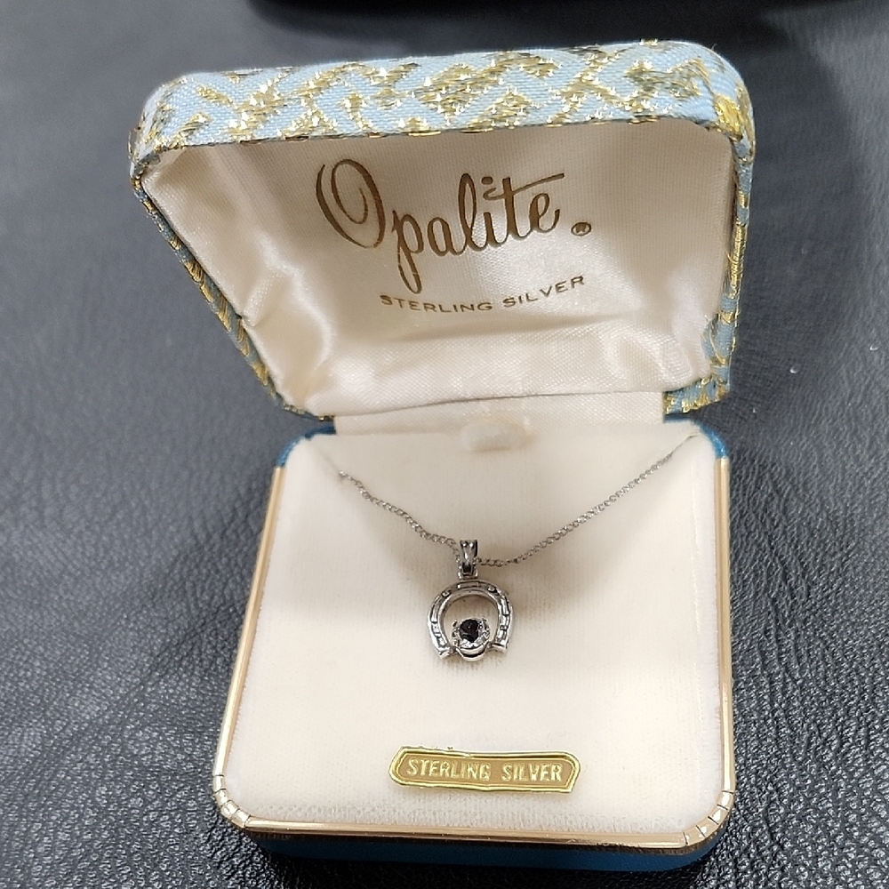 Vintage Opalite .925 Sterling Silver Horseshoe Pendant Necklace